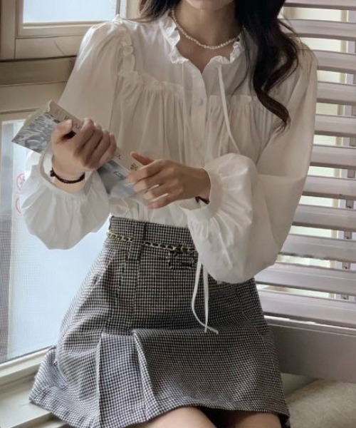 セール】【春夏新作】フリルギャザーパフスリーブブラウス（シャツ