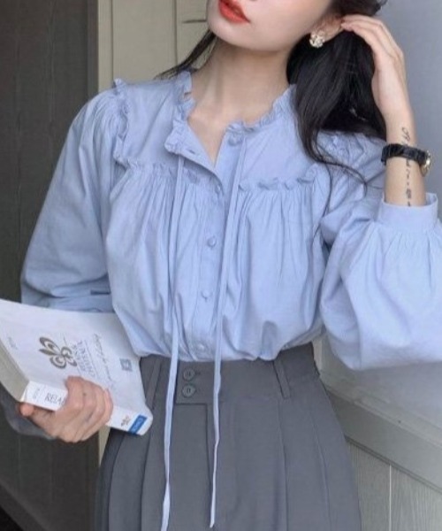 セール】【春夏新作】フリルギャザーパフスリーブブラウス（シャツ