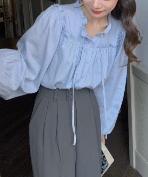セール】【春夏新作】フリルギャザーパフスリーブブラウス（シャツ