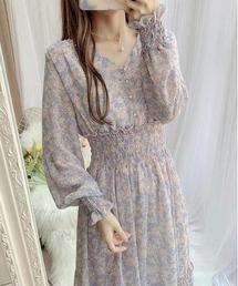 花柄Vネックシャーリングワンピース