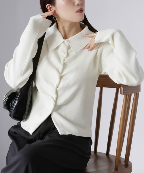 Riberry（リベリー）の「フロントギャザーポロニット（ニット/セーター・レディース・グレー/アイボリー/ブラック/イエロー/ピンク・FREE）」の2枚目の写真