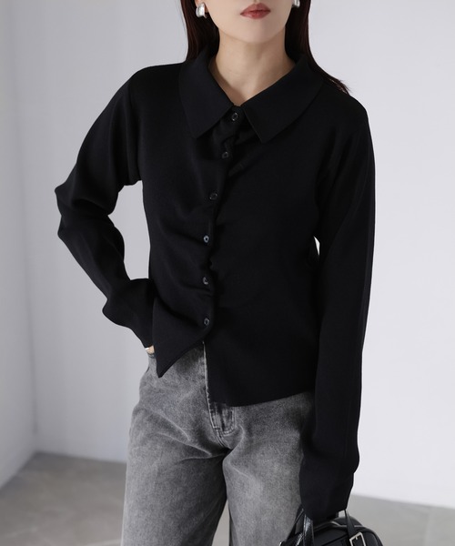 Riberry（リベリー）の「フロントギャザーポロニット（ニット/セーター・レディース・グレー/アイボリー/ブラック/イエロー/ピンク・FREE）」の3枚目の写真