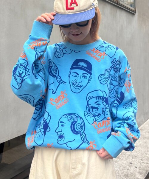 SOUNDSGOOOOD(サウンズグッド)の「【SOUNDS GOOOOD】アソートフェイス柄ファンキースウェット(Tシャツ/カットソー・レディース・ミント/アイボリー/ピンク・ONE SIZE)」の2枚目の写真