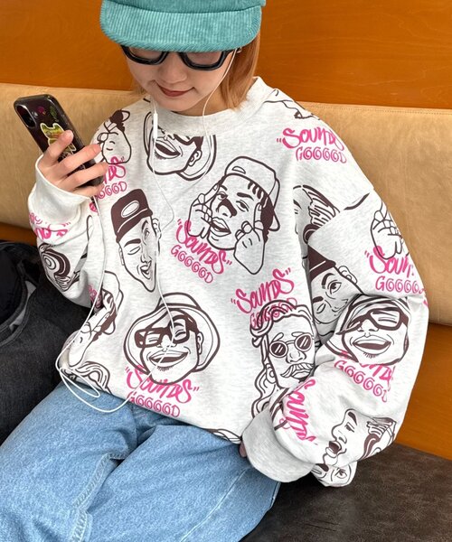 SOUNDSGOOOOD(サウンズグッド)の「【SOUNDS GOOOOD】アソートフェイス柄ファンキースウェット(Tシャツ/カットソー・レディース・ミント/アイボリー/ピンク・ONE SIZE)」の18枚目の写真