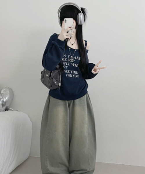 VIVID LADY(ビビッドレディー)の「ワンショルダーアイレットスウェットトップス(スウェット・レディース・ブラウン/ネイビー/グレー/レッド/アイボリー/ブラック・FREE)」の9枚目の写真