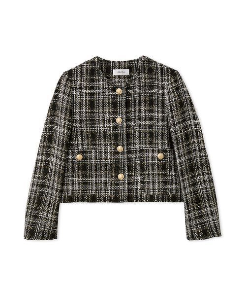 Mila Owen（ミラオーウェン）の「クロップド金釦コンパクトツイードジャケット（ノーカラージャケット・レディース・ホワイト/ダークブラウン/ピンク・0/1）」の2枚目の写真