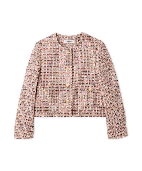Mila Owen（ミラオーウェン）の「クロップド金釦コンパクトツイードジャケット（ノーカラージャケット・レディース・ホワイト/ダークブラウン/ピンク・0/1）」の3枚目の写真