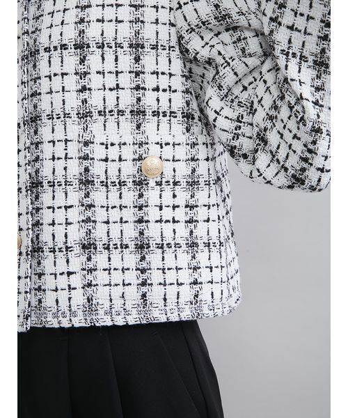 Mila Owen（ミラオーウェン）の「クロップド金釦コンパクトツイードジャケット（ノーカラージャケット・レディース・ホワイト/ダークブラウン/ピンク・0/1）」の10枚目の写真