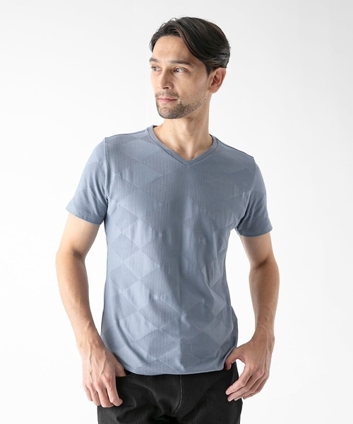 MICHEL KLEIN HOMME (ミッシェルクランオム)の「アーガイル柄Vネック半袖カットソー(Tシャツ/カットソー・メンズ・ブラック/ライトブルー/ホワイト・MEDIUM/LARGE/X-LARGE)」の1枚目の写真