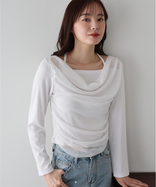 BLUEEAST(ブルーイースト)の「レイヤードチュールドレープTシャツ(Tシャツ/カットソー・レディース・ブラック/アイボリー・MEDIUM)」の5枚目の写真