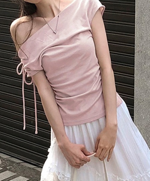 Teem Store(チームストア)の「アシメショルダー風サイドギャザーリボン結びトップス(Tシャツ/カットソー・レディース・ホワイト/グレー/ピンク・F)」の14枚目の写真