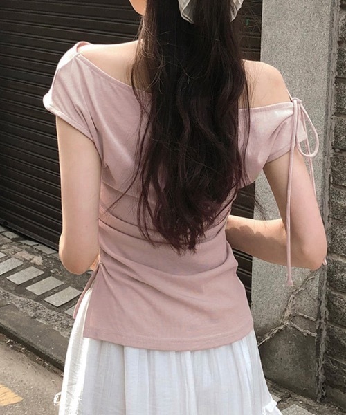 Teem Store(チームストア)の「アシメショルダー風サイドギャザーリボン結びトップス(Tシャツ/カットソー・レディース・ホワイト/グレー/ピンク・F)」の13枚目の写真