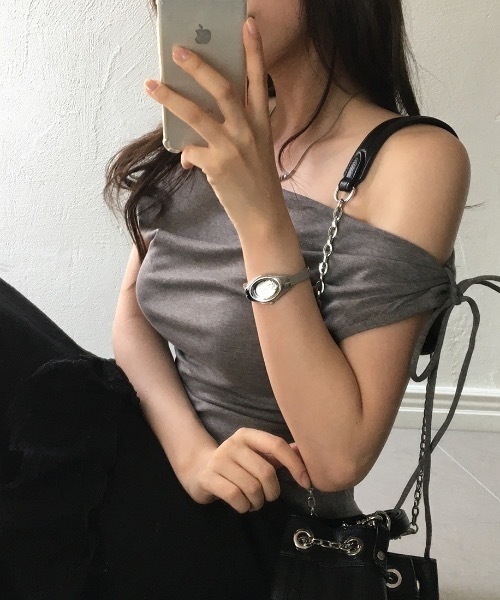 Teem Store(チームストア)の「アシメショルダー風サイドギャザーリボン結びトップス(Tシャツ/カットソー・レディース・ホワイト/グレー/ピンク・F)」の22枚目の写真
