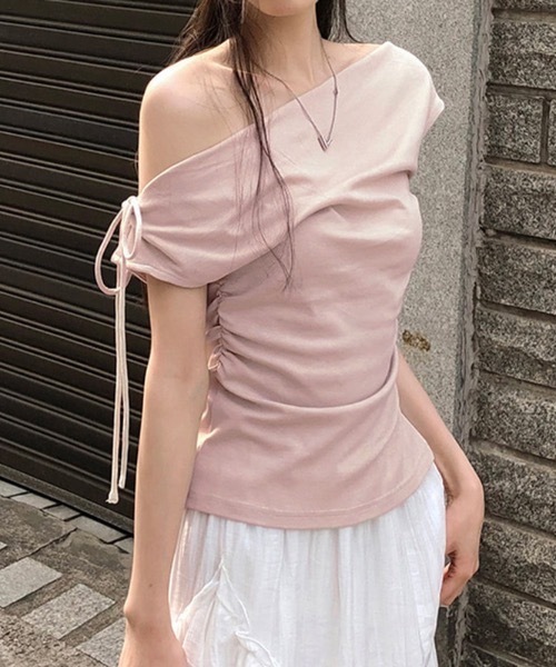 Teem Store(チームストア)の「アシメショルダー風サイドギャザーリボン結びトップス(Tシャツ/カットソー・レディース・ホワイト/グレー/ピンク・F)」の10枚目の写真