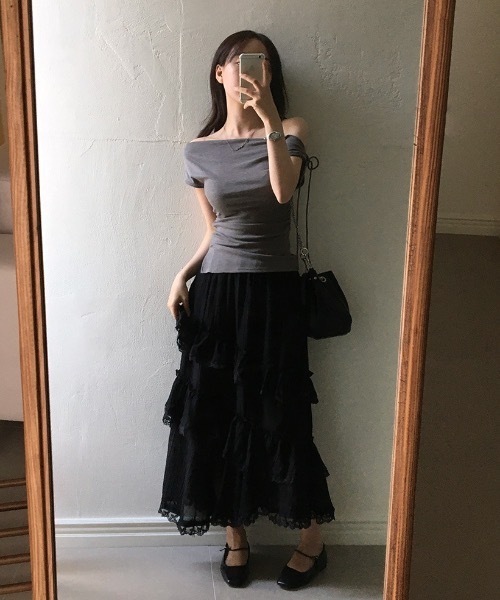 Teem Store(チームストア)の「アシメショルダー風サイドギャザーリボン結びトップス(Tシャツ/カットソー・レディース・ホワイト/グレー/ピンク・F)」の17枚目の写真