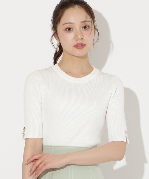 WILLSELECTION(ウィルセレクション)の「袖口リボンリブニット(ニット/セーター・レディース・ピンク/ブラック/オフホワイト・FREE)」の1枚目の写真