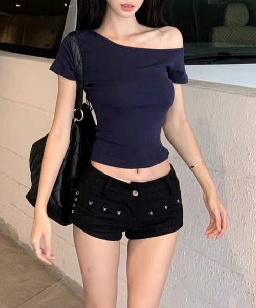 Songe(ソンジュ)の「ワンショルダークロップド丈半袖Tシャツ(Tシャツ/カットソー・レディース・グレー/ブラック/ネイビー/ホワイト・L/M)」の8枚目の写真