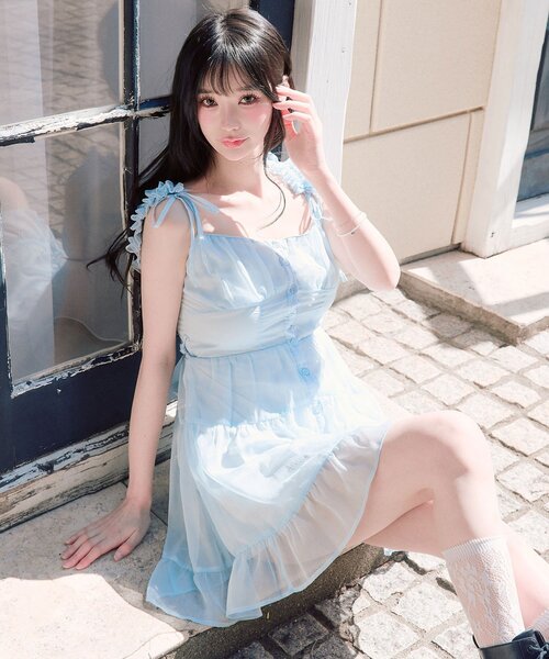 OLIVE des OLIVE（オリーブデオリーブ）の「Saxe Flower Stroll ミニワンピース（ワンピース・レディース・オフホワイト/サックスブルー・FREE）」の13枚目の写真