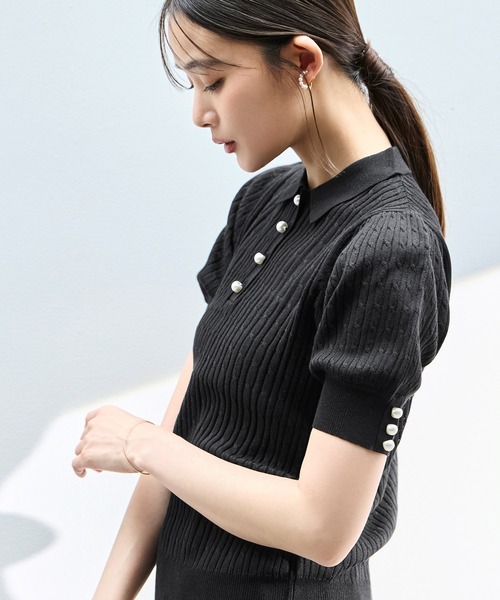 RUIRUE BOUTIQUE(ルイルエブティック)の「洗える/ストレッチ | パールボタン ヘンリー ポロニット | トップス・ニットトップス・サマーニット・シアートップス・ニットポロ・ポロシャツ(ポロシャツ・レディース・ホワイト/ネイビー/グレイッシュベージュ/ブラック/ライトベージュ・M/L)」の13枚目の写真