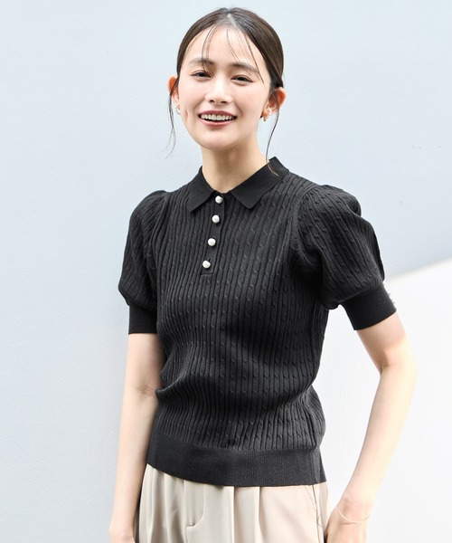 RUIRUE BOUTIQUE(ルイルエブティック)の「洗える/ストレッチ | パールボタン ヘンリー ポロニット | トップス・ニットトップス・サマーニット・シアートップス・ニットポロ・ポロシャツ(ポロシャツ・レディース・ホワイト/ネイビー/グレイッシュベージュ/ブラック/ライトベージュ・M/L)」の14枚目の写真