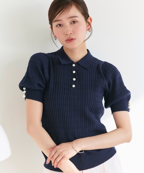 RUIRUE BOUTIQUE(ルイルエブティック)の「洗える/ストレッチ | パールボタン ヘンリー ポロニット | トップス・ニットトップス・サマーニット・シアートップス・ニットポロ・ポロシャツ(ポロシャツ・レディース・ホワイト/ネイビー/グレイッシュベージュ/ブラック/ライトベージュ・M/L)」の18枚目の写真