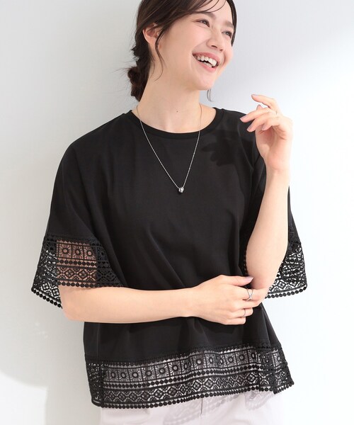 SHOO・LA・RUE（シューラルー）の「【洗濯機可/ひんやり/体型カバー/S-LL】レース使いがポイント デザインTシャツ（Tシャツ/カットソー・レディース・ホワイト/オレンジ/ブラウン系その他/ブラック・04/03/02/01）」の3枚目の写真