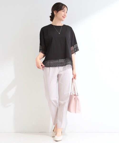 SHOO・LA・RUE（シューラルー）の「【洗濯機可/ひんやり/体型カバー/S-LL】レース使いがポイント デザインTシャツ（Tシャツ/カットソー・レディース・ホワイト/オレンジ/ブラウン系その他/ブラック・04/03/02/01）」の21枚目の写真