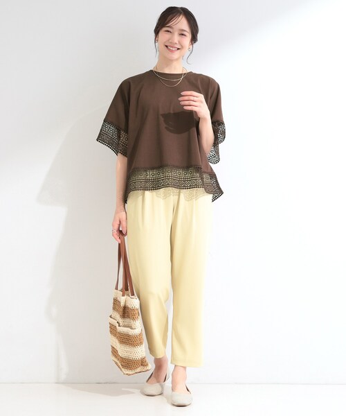SHOO・LA・RUE（シューラルー）の「【洗濯機可/ひんやり/体型カバー/S-LL】レース使いがポイント デザインTシャツ（Tシャツ/カットソー・レディース・ホワイト/オレンジ/ブラウン系その他/ブラック・04/03/02/01）」の9枚目の写真