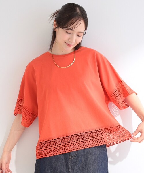 SHOO・LA・RUE（シューラルー）の「【洗濯機可/ひんやり/体型カバー/S-LL】レース使いがポイント デザインTシャツ（Tシャツ/カットソー・レディース・ホワイト/オレンジ/ブラウン系その他/ブラック・04/03/02/01）」の11枚目の写真
