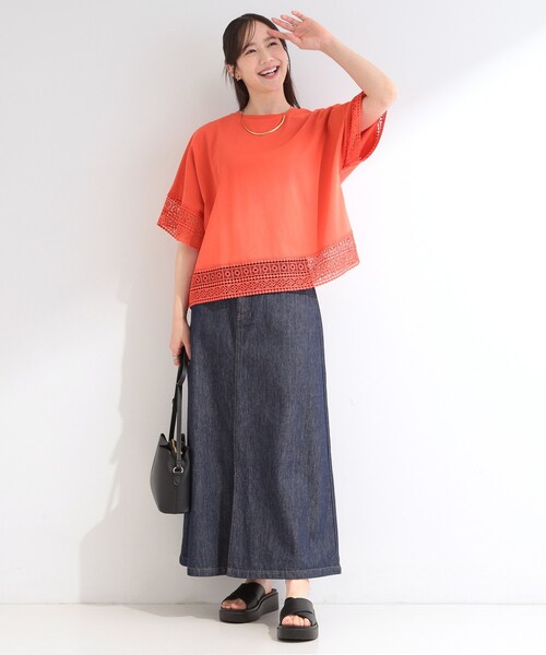 SHOO・LA・RUE（シューラルー）の「【洗濯機可/ひんやり/体型カバー/S-LL】レース使いがポイント デザインTシャツ（Tシャツ/カットソー・レディース・ホワイト/オレンジ/ブラウン系その他/ブラック・04/03/02/01）」の13枚目の写真