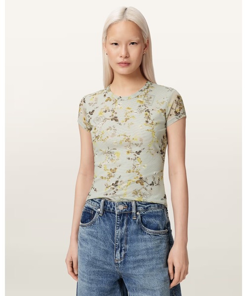 ALLSAINTS(オールセインツ)の「ELLIE MESH FLORAL PRINT SLIM T-SHIRT | ELLIE メッシュ フローラル プリント スリム Tシャツ(Tシャツ/カットソー・レディース・グリーン系その他・10/8/6/4)」の1枚目の写真