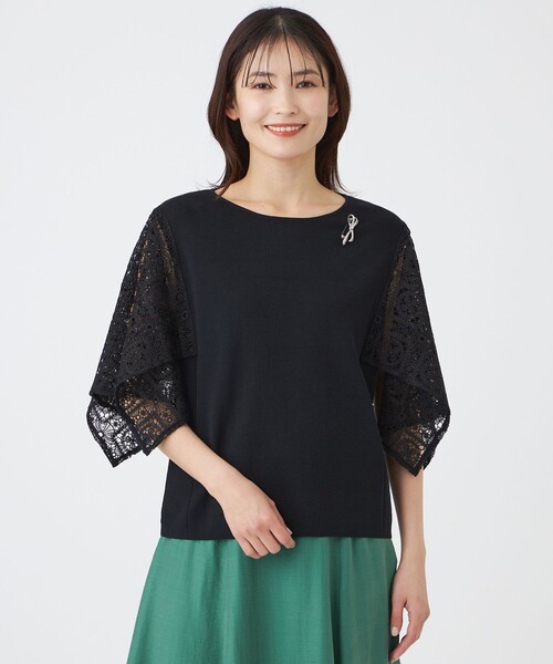 TRANS WORK(トランスワーク)の「【ウォッシャブル】クロッシュケミカルレースコンビニットプルオーバー(Tシャツ/カットソー・レディース・ブラウン系その他5/ブラック/オフホワイト・40/38)」の2枚目の写真