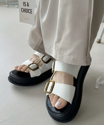 ゴールドバックルデザイン ダブルストラップ サンダル