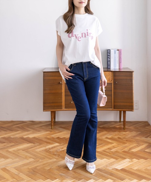 CLEAR BASIC（クリアベーシック）の「フレンチスリーブパール付きプリントロゴTシャツ［骨格ナチュラル/ゆったり/体型カバー/カジュアル］（Tシャツ/カットソー・レディース・ネイビー/サックスブルー/ブラック/ホワイト系その他/ホワイト系その他2・F）」の22枚目の写真