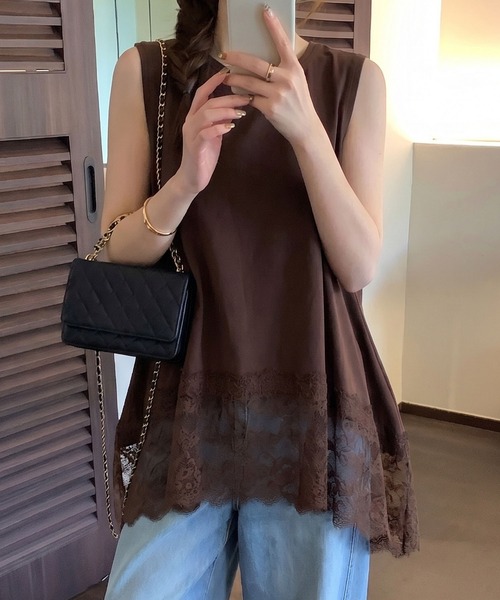 SpRay(スプレイ)の「すそレースノースリーブ Tシャツ(Tシャツ/カットソー・レディース・ブラック/オフホワイト/ブラウン・FREE)」の3枚目の写真