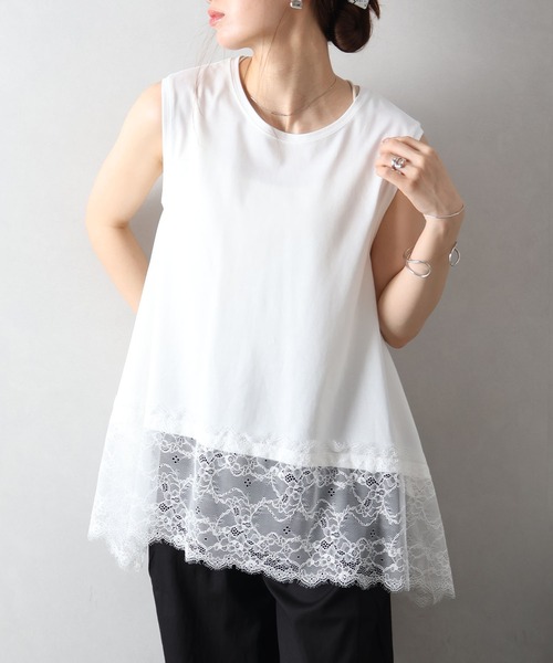 SpRay（スプレイ）の「すそレースノースリーブ　Ｔシャツ（Tシャツ/カットソー・レディース・ブラック/オフホワイト・FREE）」の4枚目の写真
