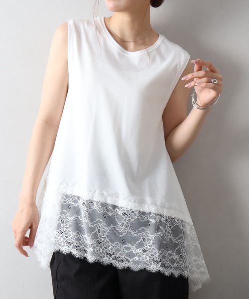 SpRay(スプレイ)の「すそレースノースリーブ Tシャツ(Tシャツ/カットソー・レディース・ブラック/オフホワイト/ブラウン・FREE)」の14枚目の写真