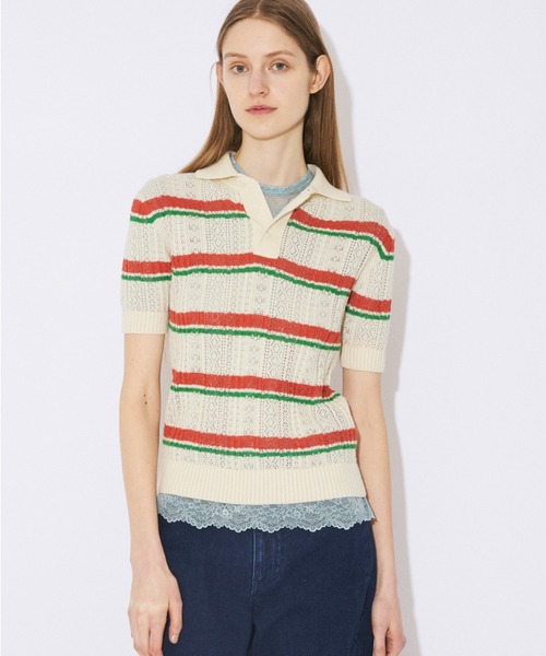 beautiful people(ビューティフルピープル)の「kids striped lace knit polo pullover(ニット/セーター・レディース・アイボリー/ブラック・34/38)」の3枚目の写真