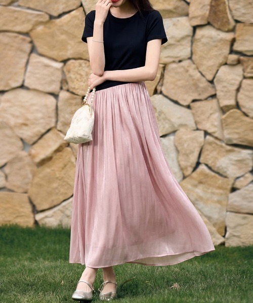 AMAJI(アマジ)の「配色切替 クルーネック サマーニット ロングワンピース(ワンピース・レディース・ライトピンク・SMALL/MEDIUM/LARGE/X-LARGE)」の1枚目の写真