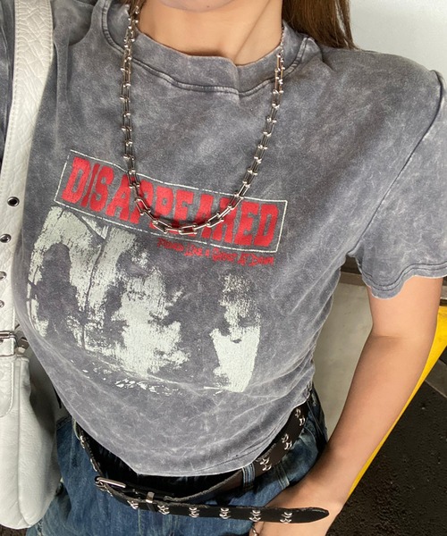 non-hedge(ノンヘッジ)の「ブリーチ転写ロゴドロストTシャツ(Tシャツ/カットソー・レディース・ブラック/モカ/ブルー/グレー・FREE)」の1枚目の写真
