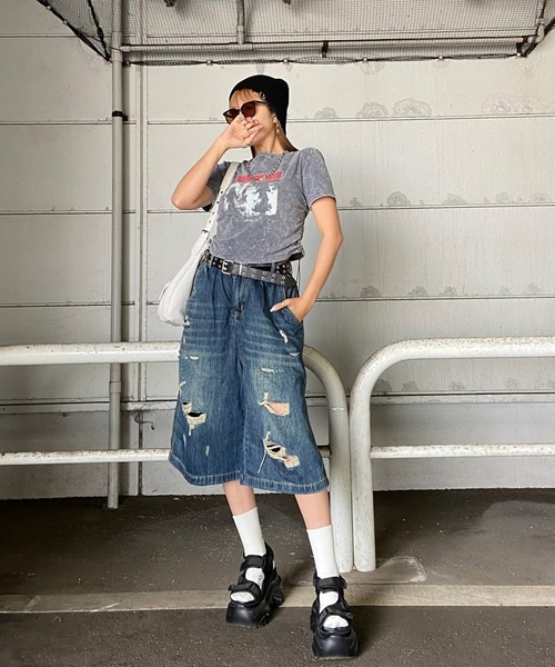 non-hedge(ノンヘッジ)の「ブリーチ転写ロゴドロストTシャツ(Tシャツ/カットソー・レディース・ブラック/モカ/ブルー/グレー・FREE)」の6枚目の写真