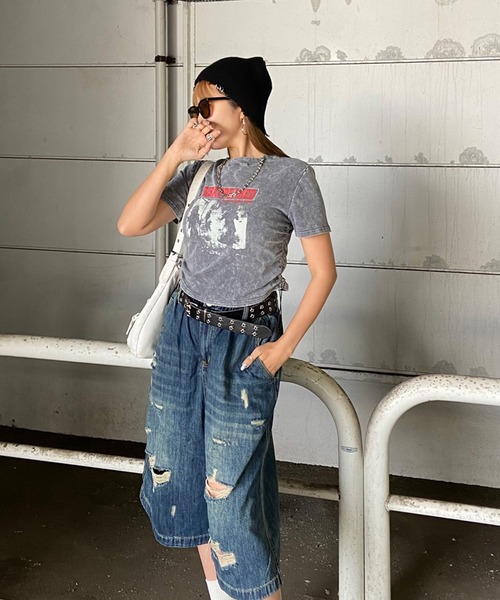non-hedge(ノンヘッジ)の「ブリーチ転写ロゴドロストTシャツ(Tシャツ/カットソー・レディース・ブラック/モカ/ブルー/グレー・FREE)」の7枚目の写真