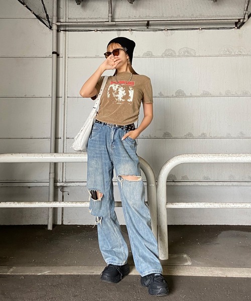 non-hedge(ノンヘッジ)の「ブリーチ転写ロゴドロストTシャツ(Tシャツ/カットソー・レディース・ブラック/モカ/ブルー/グレー・FREE)」の11枚目の写真