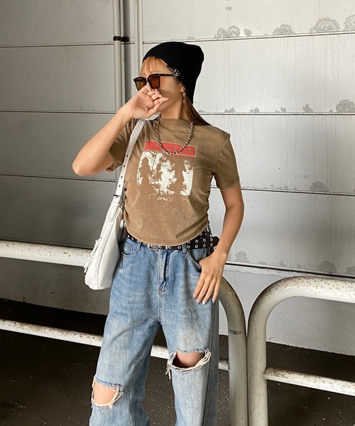 non-hedge(ノンヘッジ)の「ブリーチ転写ロゴドロストTシャツ(Tシャツ/カットソー・レディース・ブラック/モカ/ブルー/グレー・FREE)」の12枚目の写真