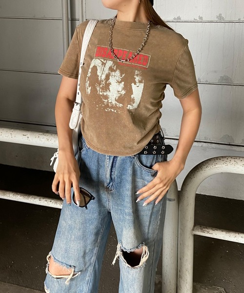 non-hedge(ノンヘッジ)の「ブリーチ転写ロゴドロストTシャツ(Tシャツ/カットソー・レディース・ブラック/モカ/ブルー/グレー・FREE)」の13枚目の写真