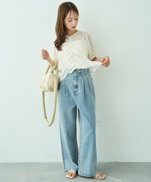 mil（ミル）の「[見えないウエスト調整] ダブルタック デニムパンツ【588203】（デニムパンツ・レディース・ライトグレー/サックスブルー/ブラック・S-Short/S-Regular/M-Short/M-Regular）」の5枚目の写真