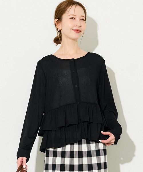 coca(coca)(コカ)の「シアージョーゼットフリルカーディガン(カーディガン/ボレロ・レディース・ブラック/ドット・L/M/S)」の1枚目の写真