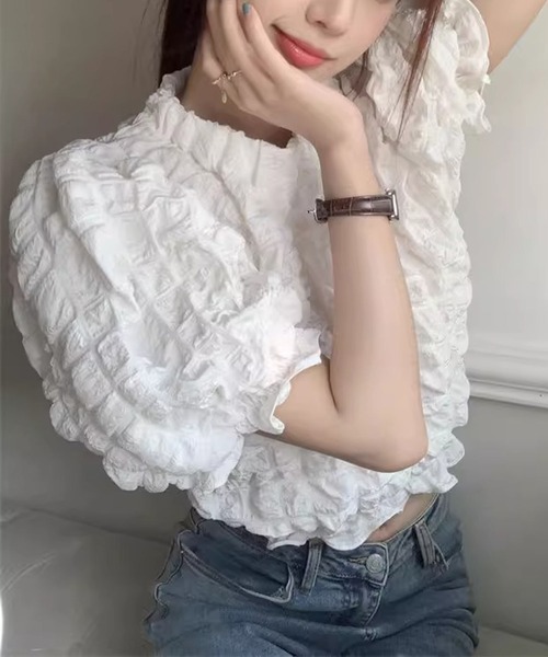 GLAMOROUS JANE(グラマラスジェーン)の「シャーリングクロップド丈ブラウス(シャツ/ブラウス・レディース・ホワイト/ブラック・FREE)」の12枚目の写真