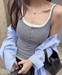 【カップ付き】フェイクレイヤード ヘンリーネック ノースリーブ リブタンクトップ