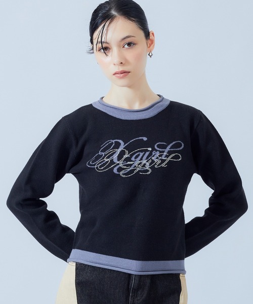 X-girl(エックスガール)の「RHINESTONE AND JACQUARD LOGO COMPACT KNIT TOP(ニット/セーター・レディース・バーガンディー/ブラック・ONE SIZE)」の1枚目の写真